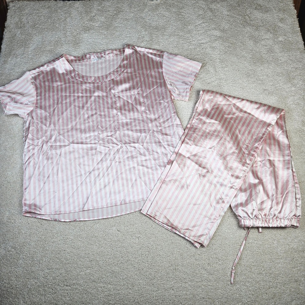Women's Ekouaer Striped Satin Pajama Sleepwear Set Loungewear Pink White Size S